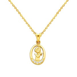 The World Jewelry Center 14k Real Yellow Gold CZ Prayer Pendant with 1.2mm Cable Chain Necklace - 22"
