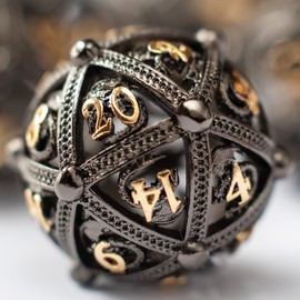 Metal DND Dice Set - Unique Round Hollow Orb Design for Better Rolling - Beautiful Dragon Metal Dice Set for Role Playing Games (RPG) - Stunning D&D Dungeons and Dragons Dice Set (Black Gold)