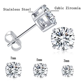 MDFUN Titanium Stud Earrings Set Hypoallergenic Cubic Zirconia Round CZ Surgical Stainless Steel 4 Prong Stud Earring for Women and Men 3-6mm Pack of 43-6mm (3-5-7mm-3 Pairs-White Gold)