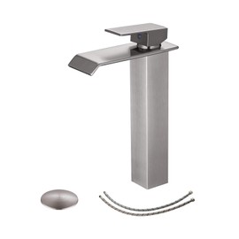 BWE Brushed Nickel Vessel Sink Faucet Waterfall with Pop Up Drain Assembly and Supply Hose Lavatory Bathroom Faucet Single Handle Mixer Tap Deck Mounted