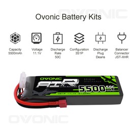 Ovonic 5500mAh 3S 11.1V 50C Lipo Battery with T Plug for DJI F450 Quadcopter Airplane Helicopter Car Truck Boat Hobby and ARRMA Granite Senton mega BIGROCK(2 Packs)