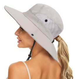 Women's Summer Sun-Hat Ponytail - Outdoor UV-Protection Mesh Wide Brim Foldable Hat with Ponytail Hole (Beige, 7 1/4)