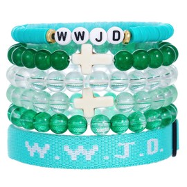 Pingyongchang W.W.J.D. Cross Bracelets Set for Women Men Boho Clay Glass Beaded Stackable Stretch Bracelets What Wound Jesus Do Bracelet Christian Religious Faith Jewelry Gift-Green