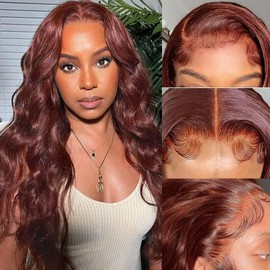 Reddish Brown Lace Front Wigs Human Hair 180% Density 13x4 HD Transparent Body Wave Lace Frontal Wigs With Baby Hair Auburn Colored Glueless Human Hair Wigs for Women 18 Inch