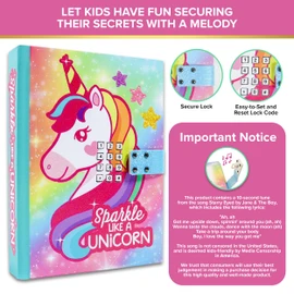 Decorably Glittery A5 Unicorn Diary for Girls with Lock Code and Music, 160 Notebook Journal Pages with USB Charging Cable, Gift for Kids