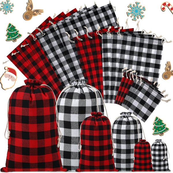 18 Pieces Christmas Plaid Drawstring Bags Christmas Fabric Present Bags Xmas Washable Bags Stocking Storage Sack for Christmas Party Favor Supplies (Black Red, Black White)