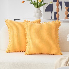 Home Brilliant Yellow Cushion Covers with Pom-poms, Boho Decorations Cushion Cover 45 x 45, Corduroy Decorative Pillows for Scatter Cushions Sofa Bed, 45cm, 18 inch, 2 Pcs, Yellow