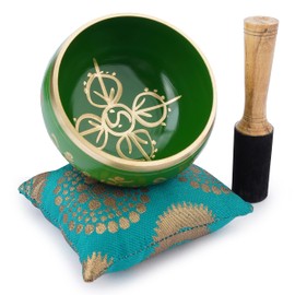 Ajuny Tibetan Singing Bowl Set - Handmade Yin/Yang Arrow Carving Meditation Bowls Made of Brass Green 4 Inch with Stick and Cushion for Yoga, Sound Chakra Healing and Stress Relief Bowl