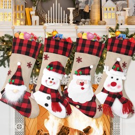 Dremisland 4 Pack Christmas Stockings 18 Inch Large Red Black Buffalo Plaid Christmas Stockings with Plush Faux Fur Cuff,Fireplace Hanging Stockings for Xmas Holiday Party Decor (Red-3D)
