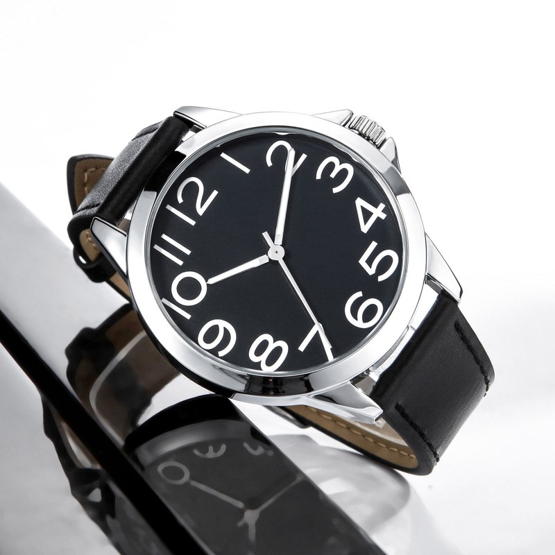Men’s Watches Black Leather Strap Quartz Analogue Wrist Watch Arabic