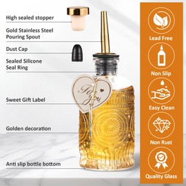 4 pcs Glass Coffee Syrup Dispenser Set - 7 oz Clear Bottles with Gold Pour Spouts, Gold Caps, Gift Box, Labels, Cleaning Brushes, and Spoon - Coffee Bar Accessories for Syrups and Drinks