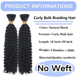 Curly Bulk Hair For Braiding Hair 18 Inch Wet And Wavy Curly Wave Bulk Hair Quality Synthetic Micro Braiding Hair Extensions for Boho Braids No Weft (2Pack=4Bundles, 300g Natural Color)