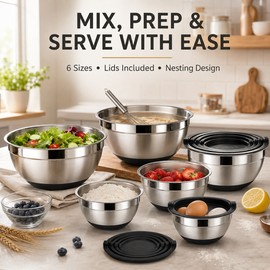 LMETJMA Stainless Steel Mixing Bowls Set of 5 - Durable Kitchen Bowls with Non-Slip Silicone Base