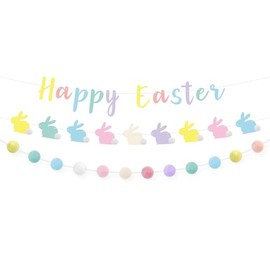 Ouksma Pre-Strung Easter Bunny Banner and Felt Pom Pom Garland Set for Home and Party Decor (Multicolor)