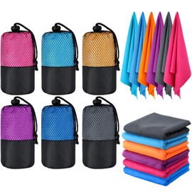 Oudain 6 Pieces Quick Dry Travel Towel Bulk, Microfiber Beach Towel with Bag Compact Soft Trip Towel Lightweight Adults Towel for Camping, Gym Beach Swimming Yoga, 20 x 39 Inches (Classic Color)