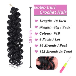 Samtress 18 Inch Gogo Curl Crochet Hair 8 Packs Pre Looped Ocean Wave Crochet Hair Natural Black Deep Twist Goddess Box Braids with Curly Water Wave Synthetic Braiding Hair Extensions for Women (#1B)