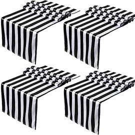 Tatuo - Camino de mesa de 4 piezas a rayas en blanco y negro para decoración de mesa de poliéster, elegante y clásico lavable a máquina para fiestas, bodas, interiores y exteriores, eventos familiares