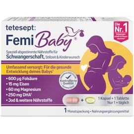 tetesept Femi Baby - 16 Nutrients for Desiring Children, Pregnancy & Breastfeeding - with Folic Acid, Iron, Iodine + DHA - 1 x Monthly Pack of 30 Tablets + 30 Capsules