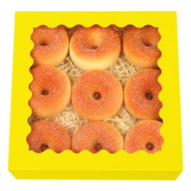 qiqee Auto-pop Up Yellow Pie Boxes with Window 10x10x2.5 inch 30Packs Cookie Donut Bakery Box