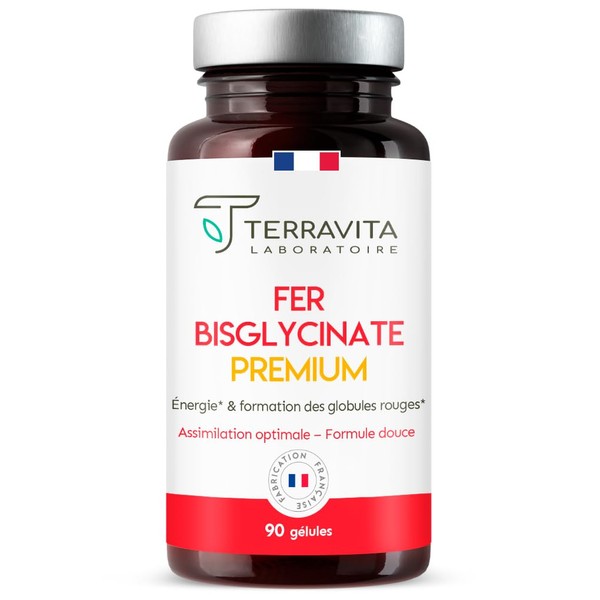 Pure Bisglycinate Iron 14 mg | Anti-Fatigue Diet Supplement | Patented Ferrochel® High Absorption Iron | 3-Month Cure Without Digestive Disorders | 90 Vegetable Capsules | Made in France | Terravita