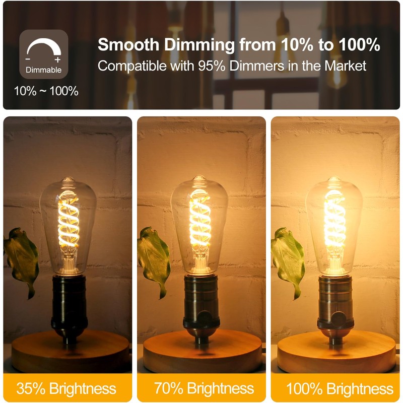 Tiadio 4-Pack Vintage LED Edison Bulbs 60W Equivalent- ST58/ST19 6W