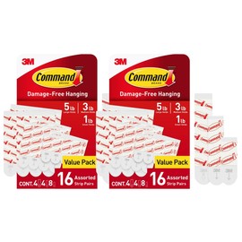 Command - Tiras adhesivas de repuesto, 8 pequeñas, 4 medianas, 4 grandes, sin daños para colgar ganchos y clips, 16 unidades