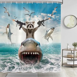 Funny Animal Shower Curtain, Cool Raccoon Riding Shark Theme Ocean Shower Curtain for Bathroom, Fun Nautical Kids Children Fabric Bath Curtain with 12 Hooks 60 x 70Inch
