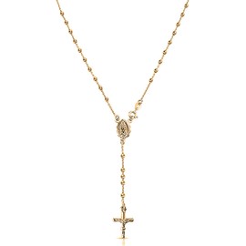 Savlano 925 Sterling Silver Italian Solid Bead Chain Cross & Rosary Virgin Mary Pendant -18K Gold Plated Y Necklace Comes With Gift Box for Women - Made in Italy (20, 3mm)