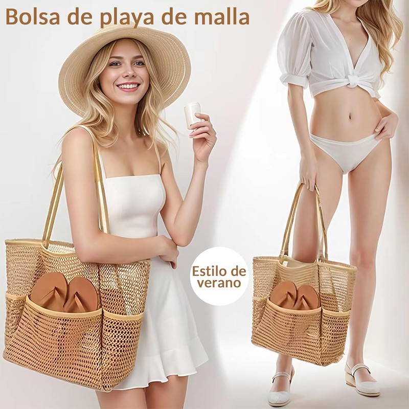 Bolsa de Playa para Mujer,Tote Bag Mujer de Malla Plegable,Amarillo