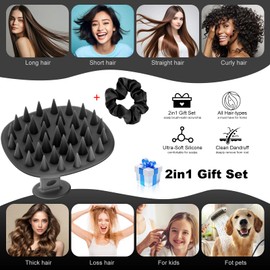 Azosowo Scalp Massager Shampoo Brush with Satin Scrunchie, Ultrasoft Silicone Scalp Scrubber for Hair Growth & Dandruff Removal - Wet/Dry Exfoliator Brush for All Hair Types - Black