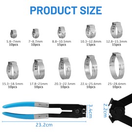 DBREAKS 115 Pieces Stainless Steel Single Ear Continuous Hose Clamps Set 304, 10 Sizes Hose Clamp 5.8-28.6 mm, Clamp Set with Hose Clamp Pliers, for Automotive, Industry, Pipe Refurbishment