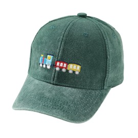 LYZOURBB Toddler Boys Washed Cotton Baseball Caps Girls Boys Little Trains Embroideries Baseball Cap Adjustable Sun Hats for 2-8Years Green