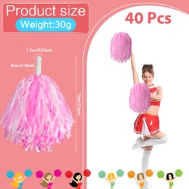 Lenwen 40 Pack Pom Poms Cheerleading Sports Dance Spirited Plastic Cheer Pompom Cheerleading Poms with Handles for Adults Rooters Sports Team Cheering Party (White Pink)