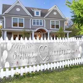 25th Wedding Anniversary Decorations Banner - Happy Silver 25th Anniversary Yard Banners, Glitter Backdrop Party Supplies for Couples(37x274cm/14.5x107.8in)