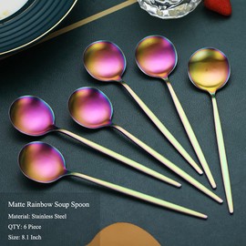 Matt Rainbow Dinner Spoons 6 Piece, 8.1'' Stainless Steel Tablespoons, Soup Spoons, Spoons Silverware for Home, Dishwasher Safe