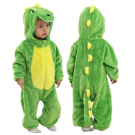 Doladola Unisex Kid's&Toddler's Costume Outfit Baby Boys Girls Flannel Animal Hooded Rompers Jumpsuit (0-3 Months, Green Dinosaur)