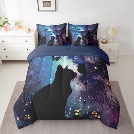 7 Pieces King Size Cute Cat Butterfly Comforter Set,Glitter Starry Sky Galaxy Bedding Set for Boys Girls,Cartoon Animals Pets Romantic(Comforter+Fitted+Flat Sheet+2 Pillowcases+2 Throw Pillow Covers)