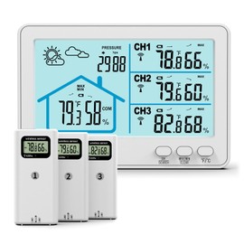 Home Weather Station Wireless Indoor Outdoor Thermometer with 3 Sensors,IPX4, 500ft Range Digital Thermometer Humidity Monitor with Atomic Clock, Weather Forecast for Home, RV, Garden | White