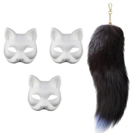 BIPDOVO 3 PCS Blank Cat Mask With Tail White Paper Cat Mask To Paint Cat Mask Diy Base Cosplay Mask Tail Set