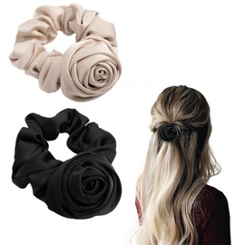 SXQLYH 2 Stück Damen Haargummis Scrunchies Satin mit Groß Rose für Damen, Haargummi Blume Rose, Scrunchies Satin elastisch, Zopfgummi, Pferdeschwanzhalter Haarschmuck für Frauen Mädchen (A)
