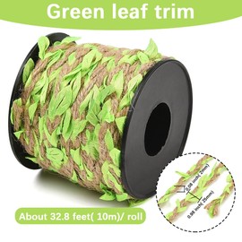 CABODYALS 33 Feet 2MM Green Leaves Vine Ribbon Artificial Leaf String Rattan Cord Natural Jute Trim Braided Burlap Decorated Twine Rope for Crafts Garden Jungle Bar Party Home Decoration DIY Project