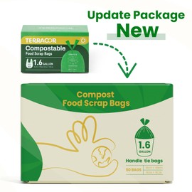TERRACOR 1.6 Gallon Compostable Food Scrap Bags Handle Tie for Kitchen Countertop Bin, 6 Liter Small Compost Bags, 50 Count, BPI Certified and Meet The ASTM D6400 Standard