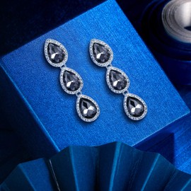 EleQueen Women's Silver-tone Austrian Crystal Teardrop Pear Shape 2.4 Inch Long Clip-on Dangle Earrings Grey-Black 16001668-7ca