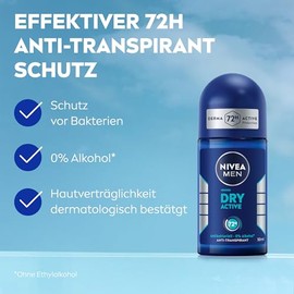 NIVEA MEN Dry Active Deo Roll-On, effektives Antitranspirant mit 72h Schutz f√ºr ein trockenes Hautgef√ºhl, antibakterielles Deodorant mit Dual Active Formel (50 ml)