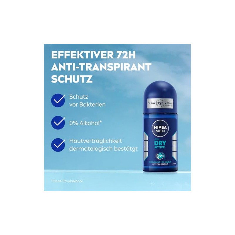 NIVEA MEN Dry Active Deo Roll-On, effektives Antitranspirant mit 72h