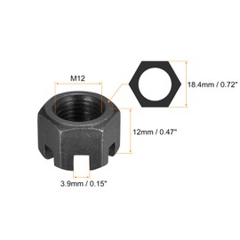 sourcing map M12x1.25mm Hexagon Slotted Nut, Grade 4.8 Carbon Steel Hex Nuts Good for Machinery Repairing, Black, 12Pcs