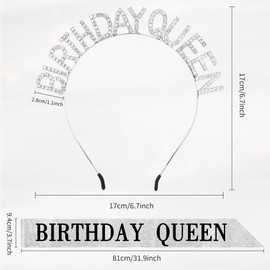 Birthday Crown Adult Woman,Birthday Sash for Women,Birthday Tiara for Women Birthday Queen Glitter Silver Birthday Sash and Crown Rhinestone Headband Set Happy Birthday Headband Accessories Decoration