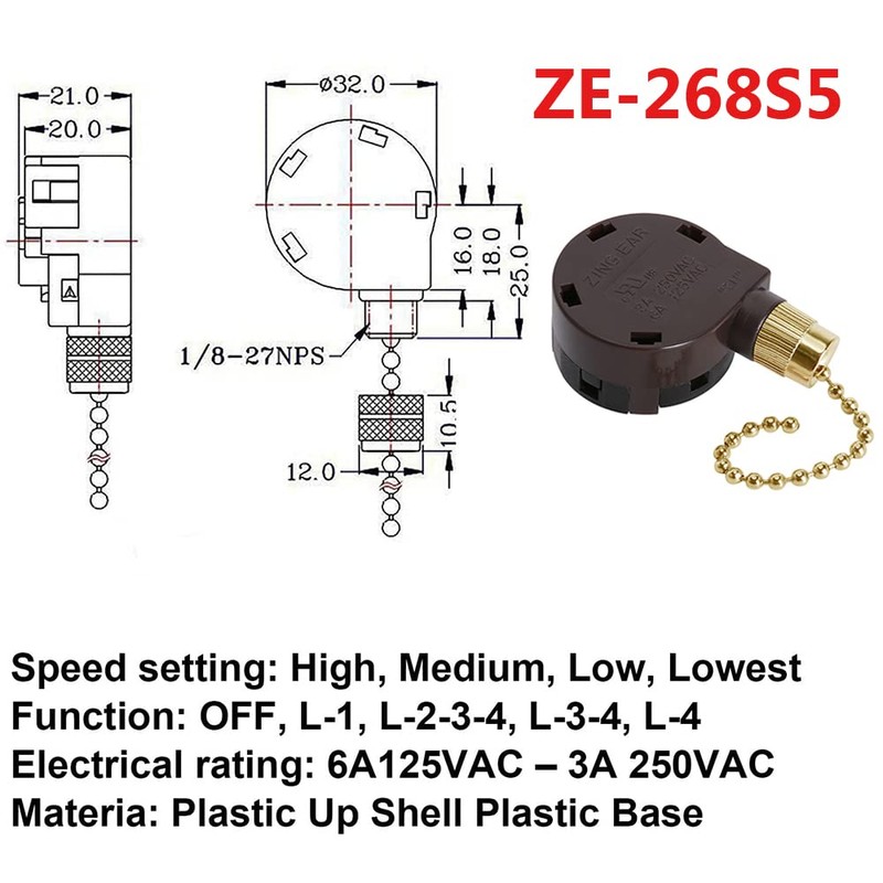 Ceiling Fan Switch Zing Ear ZE-268S5, 4 Speed 5 Wire