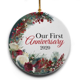 Cedar Crate Market Our First Anniversary Wreath Ceramic Christmas Tree Ornament Collectible Holiday Keepsake 2.875" Round Ornament in Decorative Gift Box with Bow- Perfect 1st Wedding