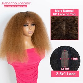 Rebecca Fashion Afro Kinky Curly Wig with Bangs Human Hair Minimalist 2.5x1 Lace Scalp Wig for Women Glueless Wear and Go Wigs Ombre Dark Brown to Honey Blonde Color